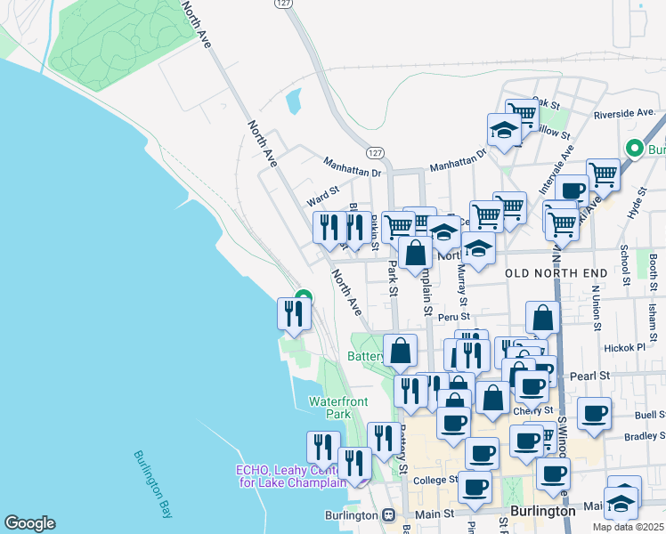map of restaurants, bars, coffee shops, grocery stores, and more near 80 North Avenue in Burlington
