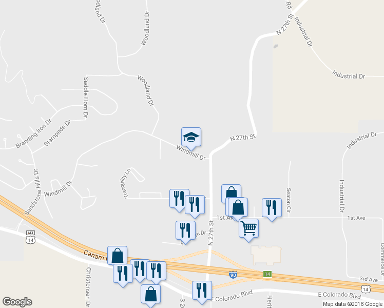 map of restaurants, bars, coffee shops, grocery stores, and more near 2519 Windmill Drive in Spearfish