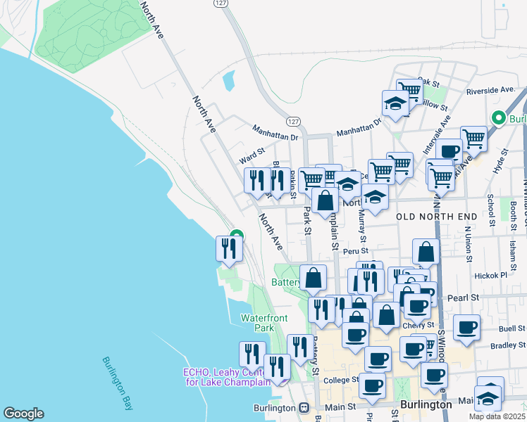 map of restaurants, bars, coffee shops, grocery stores, and more near 80 North Avenue in Burlington