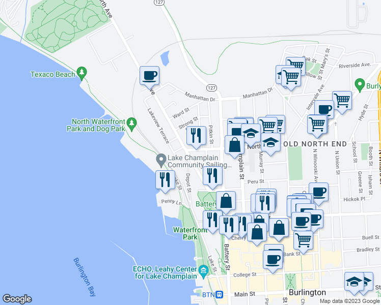 map of restaurants, bars, coffee shops, grocery stores, and more near 70/72 North Avenue in Burlington