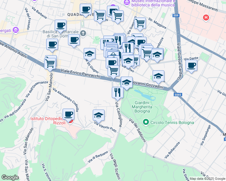 map of restaurants, bars, coffee shops, grocery stores, and more near 132 Via Castiglione in Bologna