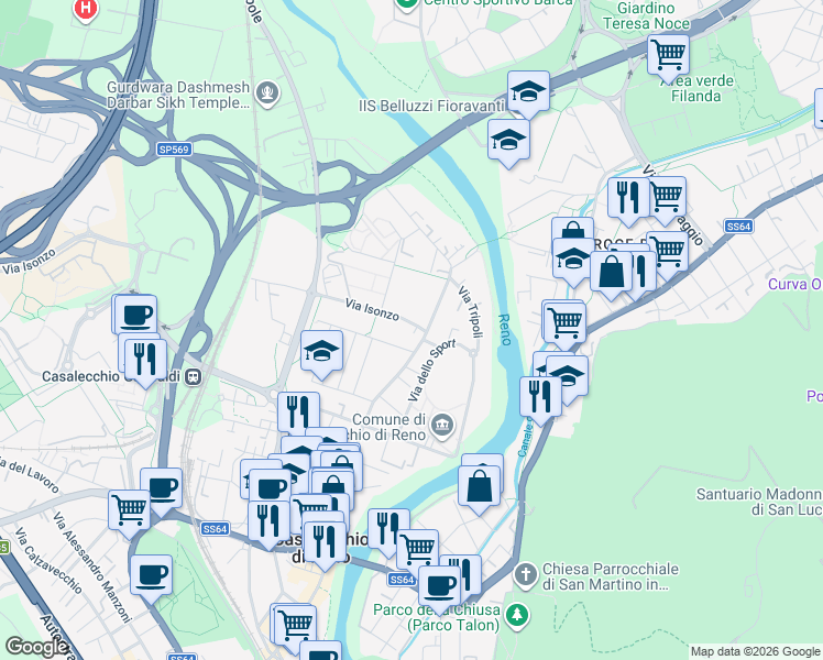 map of restaurants, bars, coffee shops, grocery stores, and more near 80 Via Giuseppe Garibaldi in Casalecchio di Reno