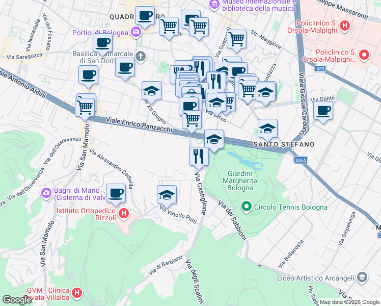 map of restaurants, bars, coffee shops, grocery stores, and more near 132 Via Castiglione in Bologna