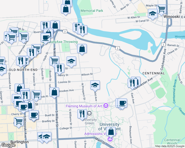 map of restaurants, bars, coffee shops, grocery stores, and more near 29 Wilson Street in Burlington
