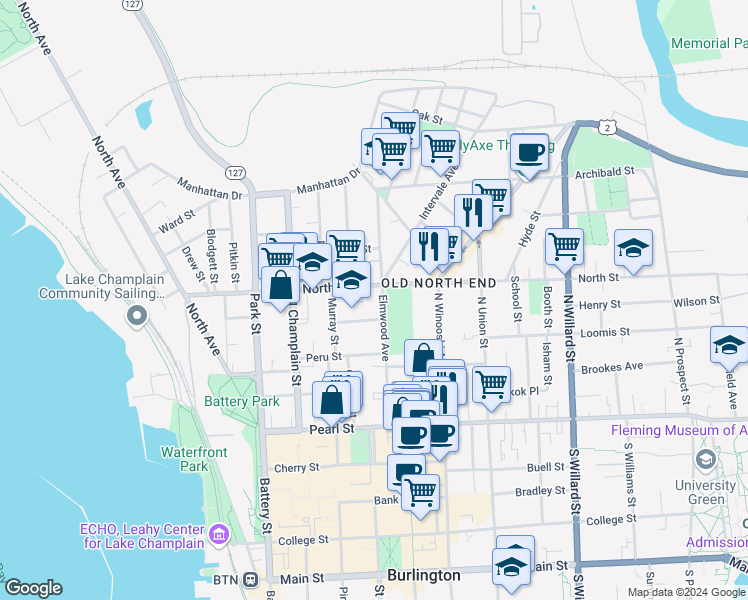 map of restaurants, bars, coffee shops, grocery stores, and more near 121 Elmwood Avenue in Burlington