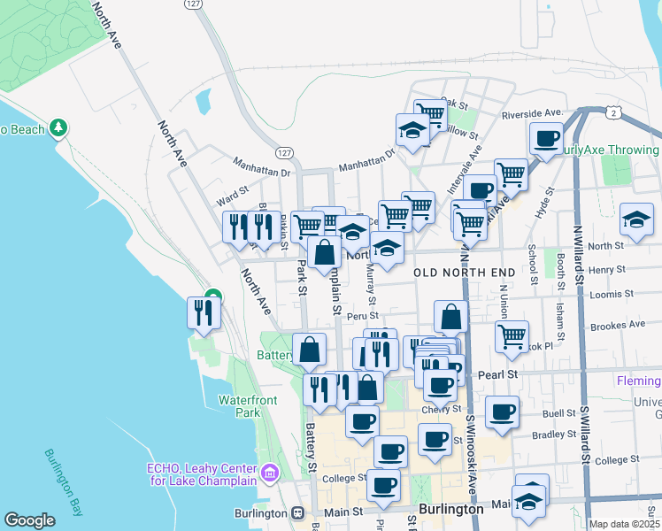 map of restaurants, bars, coffee shops, grocery stores, and more near 125 North Champlain Street in Burlington