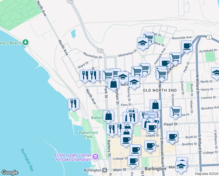 map of restaurants, bars, coffee shops, grocery stores, and more near 102 Park Street in Burlington
