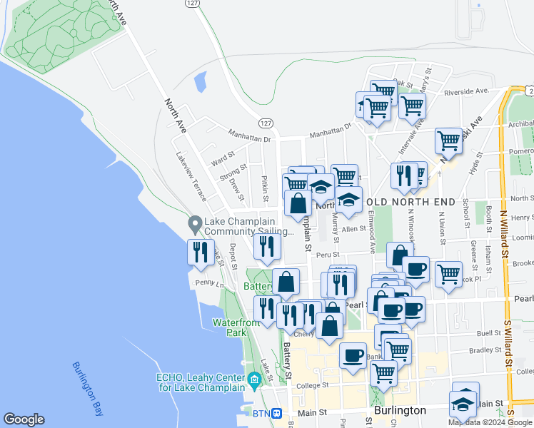map of restaurants, bars, coffee shops, grocery stores, and more near 121 Park Street in Burlington