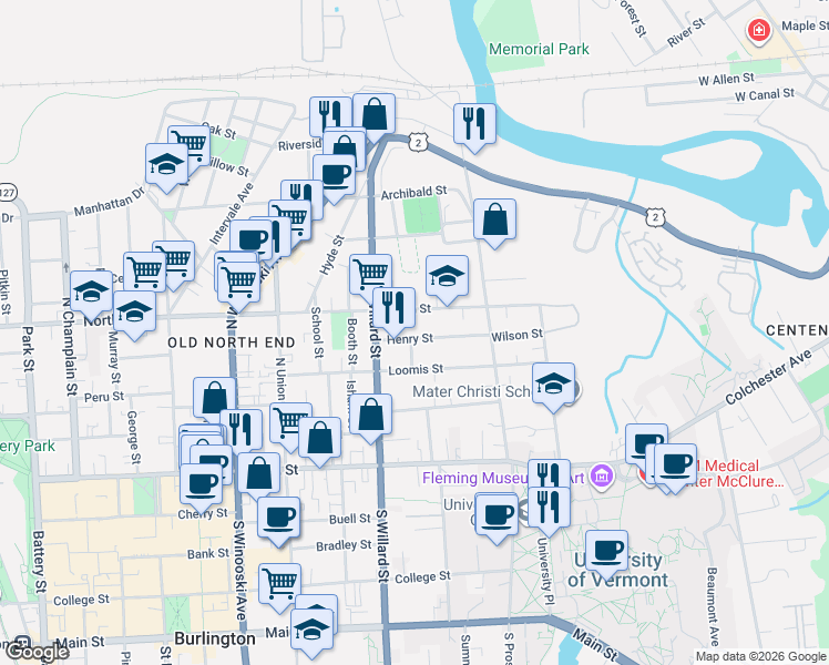 map of restaurants, bars, coffee shops, grocery stores, and more near 24 Weston Street in Burlington