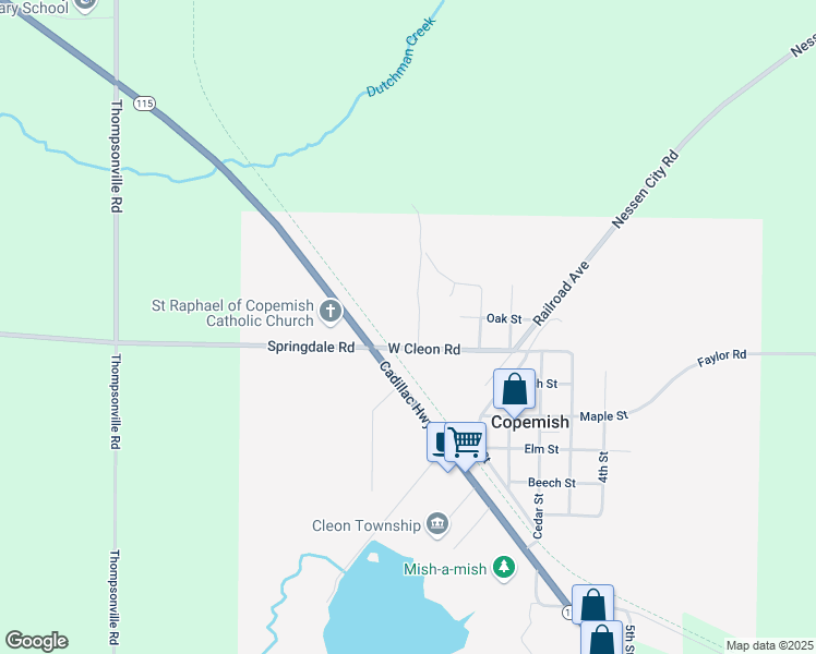 map of restaurants, bars, coffee shops, grocery stores, and more near 18490 Springdale Road in Copemish