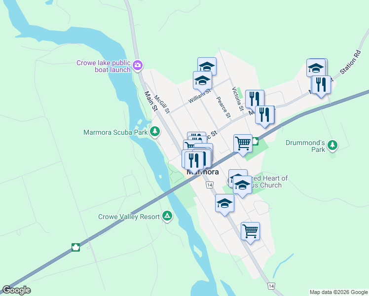 map of restaurants, bars, coffee shops, grocery stores, and more near 3 McGill Street in Marmora