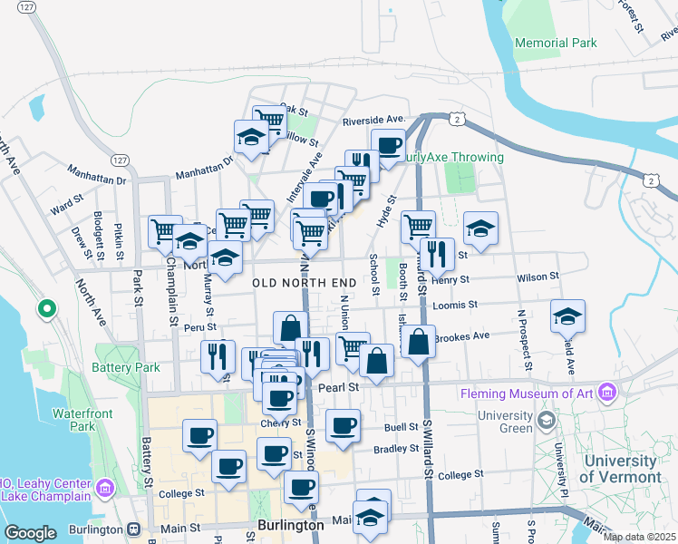 map of restaurants, bars, coffee shops, grocery stores, and more near 116 North Winooski Avenue in Burlington