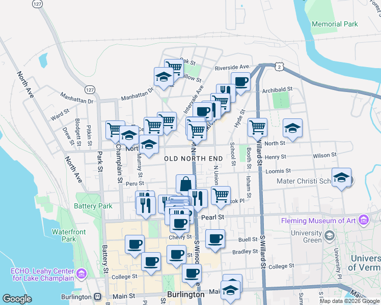 map of restaurants, bars, coffee shops, grocery stores, and more near 119 North Winooski Avenue in Burlington