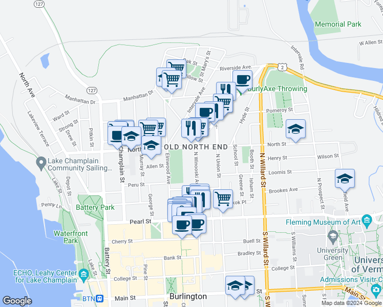 map of restaurants, bars, coffee shops, grocery stores, and more near 115 North Winooski Avenue in Burlington