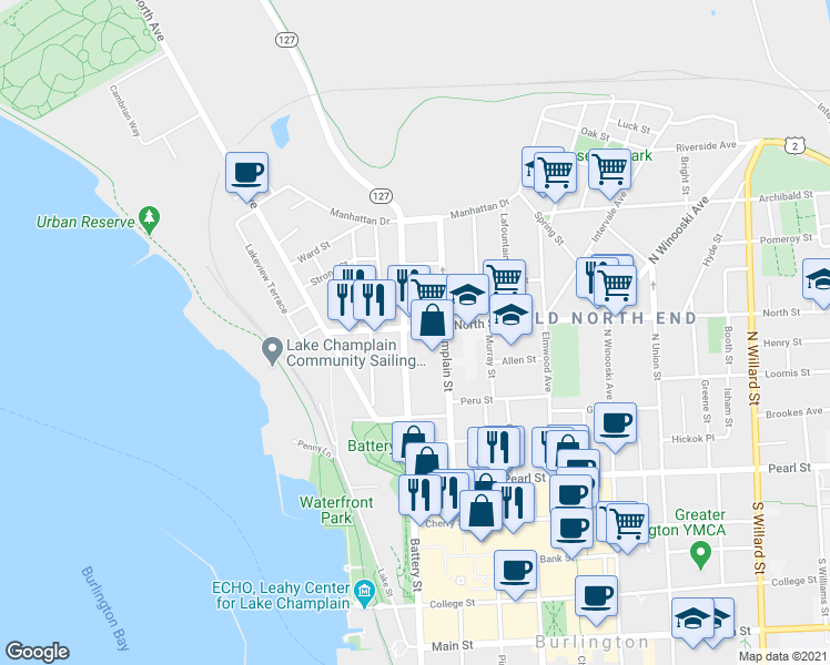 map of restaurants, bars, coffee shops, grocery stores, and more near 102 Park Street in Burlington
