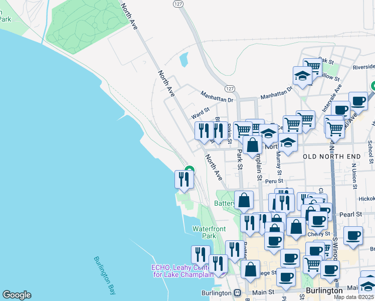 map of restaurants, bars, coffee shops, grocery stores, and more near 11 Lakeview Terrace in Burlington