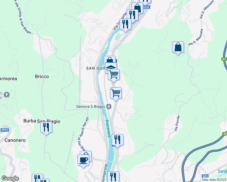 map of restaurants, bars, coffee shops, grocery stores, and more near 127 Via San Quirico in Genoa