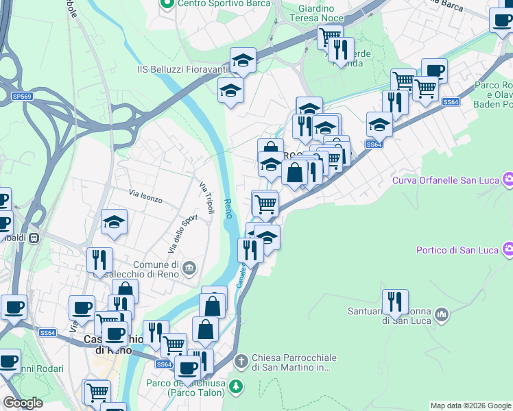 map of restaurants, bars, coffee shops, grocery stores, and more near 111 Via della Bastia in Casalecchio di Reno