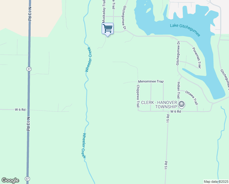map of restaurants, bars, coffee shops, grocery stores, and more near Menominee Trail in Buckley