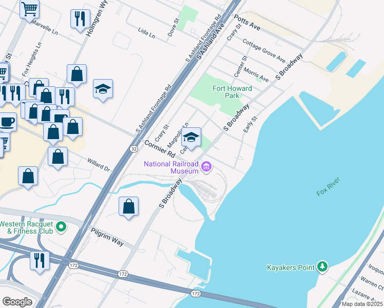 map of restaurants, bars, coffee shops, grocery stores, and more near 2280 South Broadway in Green Bay