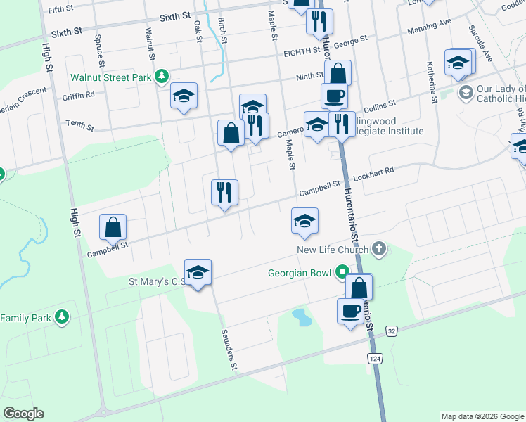 map of restaurants, bars, coffee shops, grocery stores, and more near 74 Campbell Street in Collingwood