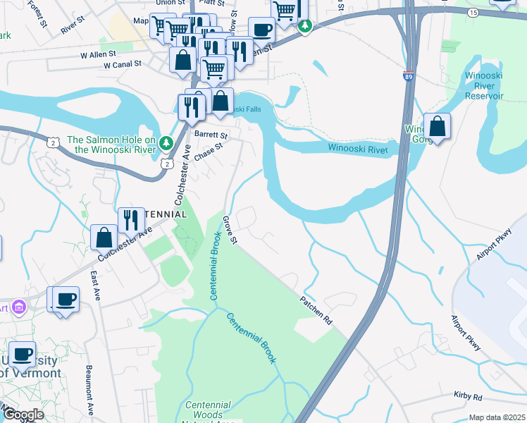 map of restaurants, bars, coffee shops, grocery stores, and more near 150 Mulberry Lane in Burlington