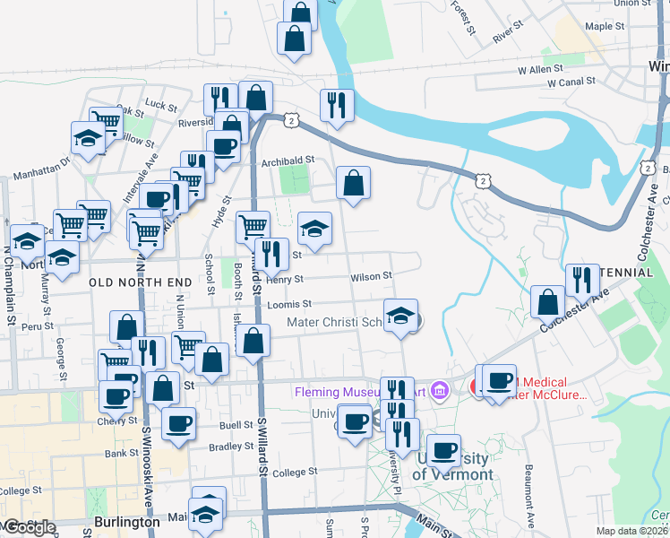 map of restaurants, bars, coffee shops, grocery stores, and more near 119 North Prospect Street in Burlington