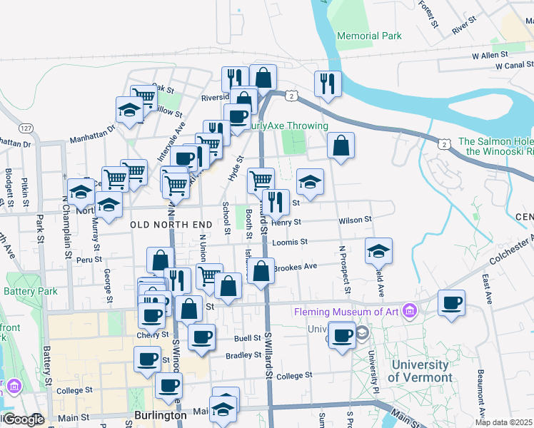 map of restaurants, bars, coffee shops, grocery stores, and more near 115 U.S. 7 in Burlington