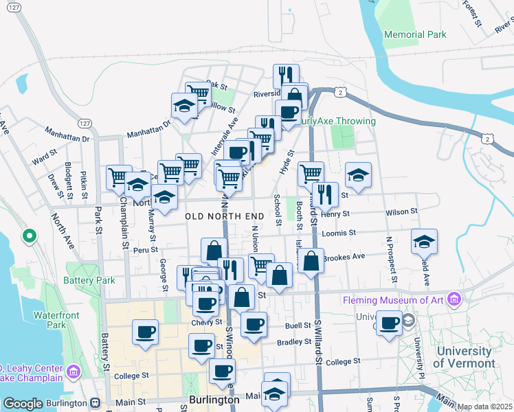 map of restaurants, bars, coffee shops, grocery stores, and more near 124 North Union Street in Burlington