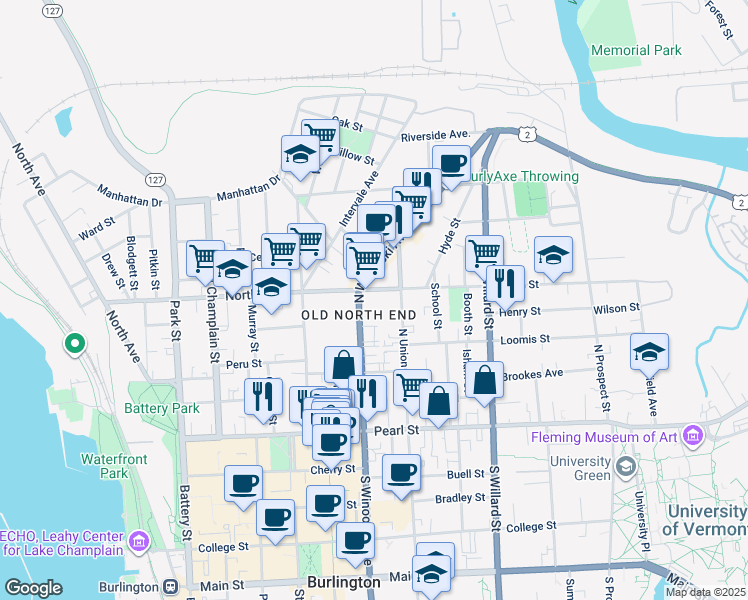 map of restaurants, bars, coffee shops, grocery stores, and more near 116 North Winooski Avenue in Burlington