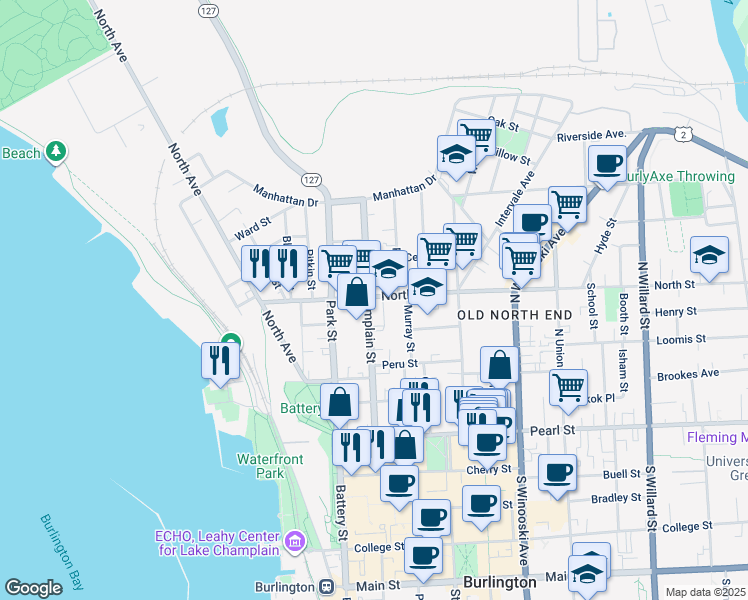 map of restaurants, bars, coffee shops, grocery stores, and more near 125 North Champlain Street in Burlington