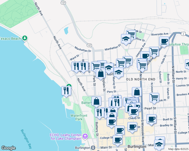 map of restaurants, bars, coffee shops, grocery stores, and more near 102 Park Street in Burlington