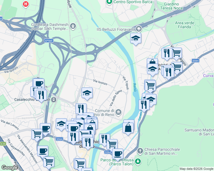 map of restaurants, bars, coffee shops, grocery stores, and more near 5 Via Giovanni XXIII in Casalecchio di Reno