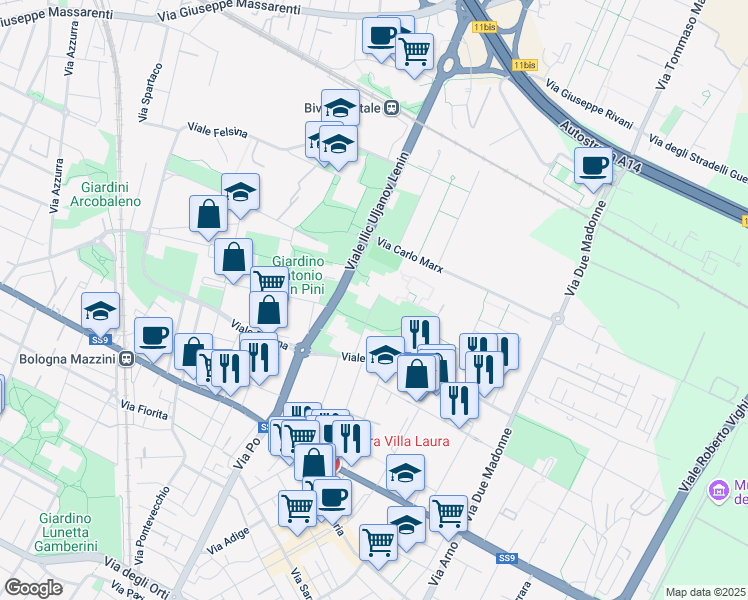 map of restaurants, bars, coffee shops, grocery stores, and more near 14 Via Salvador Allende in Bologna