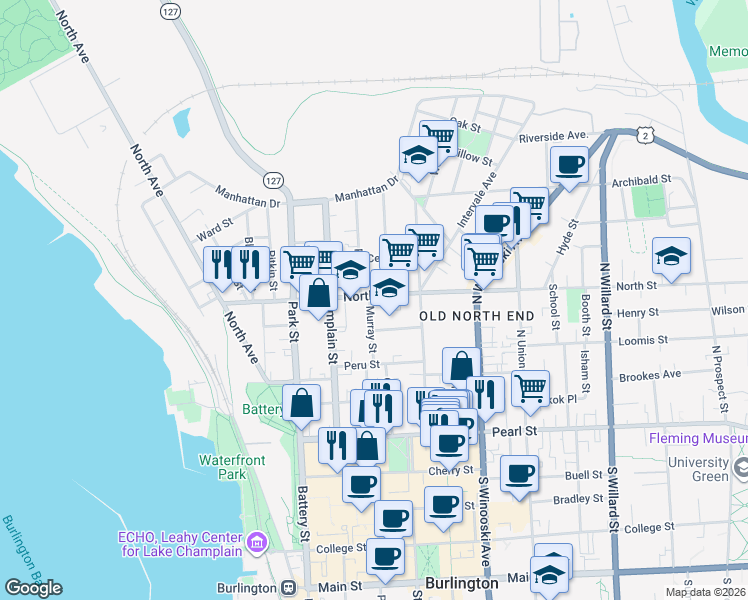 map of restaurants, bars, coffee shops, grocery stores, and more near 153 North Street in Burlington