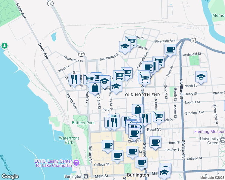 map of restaurants, bars, coffee shops, grocery stores, and more near 155 North Street in Burlington