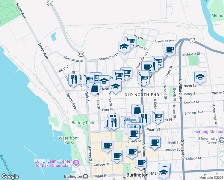 map of restaurants, bars, coffee shops, grocery stores, and more near 20 Allen Street in Burlington