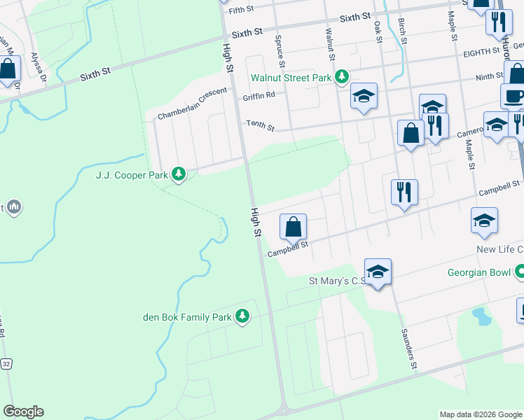 map of restaurants, bars, coffee shops, grocery stores, and more near 1 Telfer Road in Collingwood