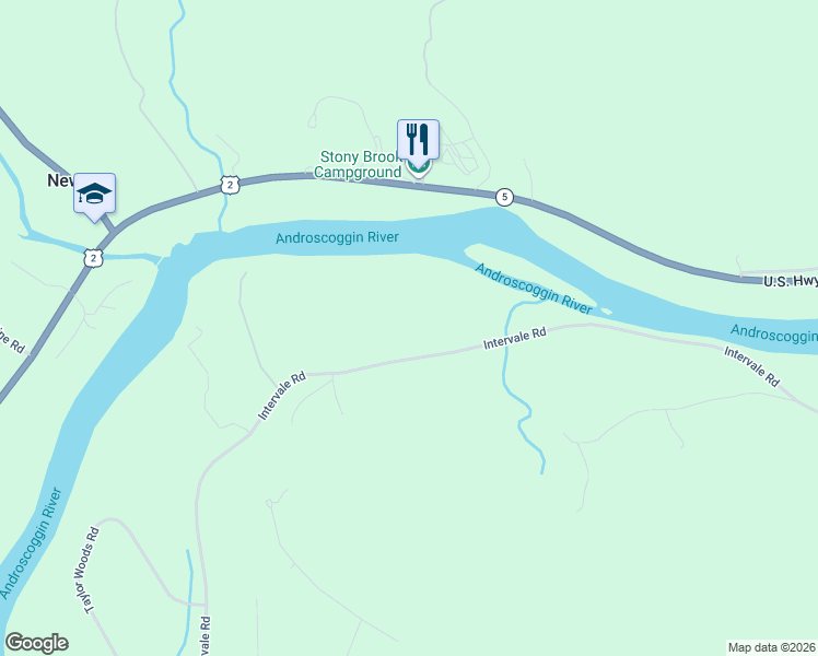 map of restaurants, bars, coffee shops, grocery stores, and more near 1085 Intervale Road in Bethel