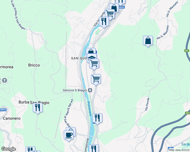 map of restaurants, bars, coffee shops, grocery stores, and more near 127 Via San Quirico in Genova