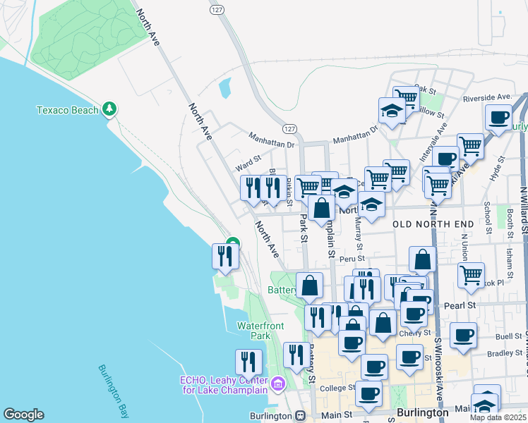 map of restaurants, bars, coffee shops, grocery stores, and more near 12 North Street in Burlington