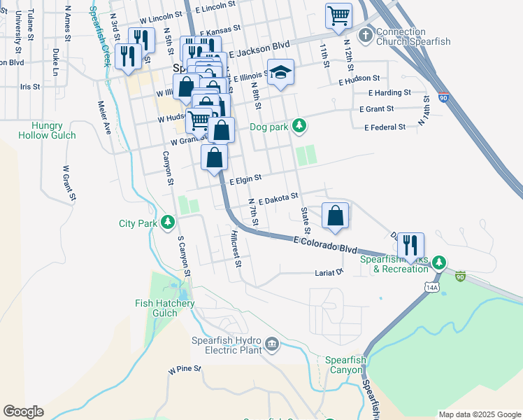 map of restaurants, bars, coffee shops, grocery stores, and more near 110 North 7th Street in Spearfish