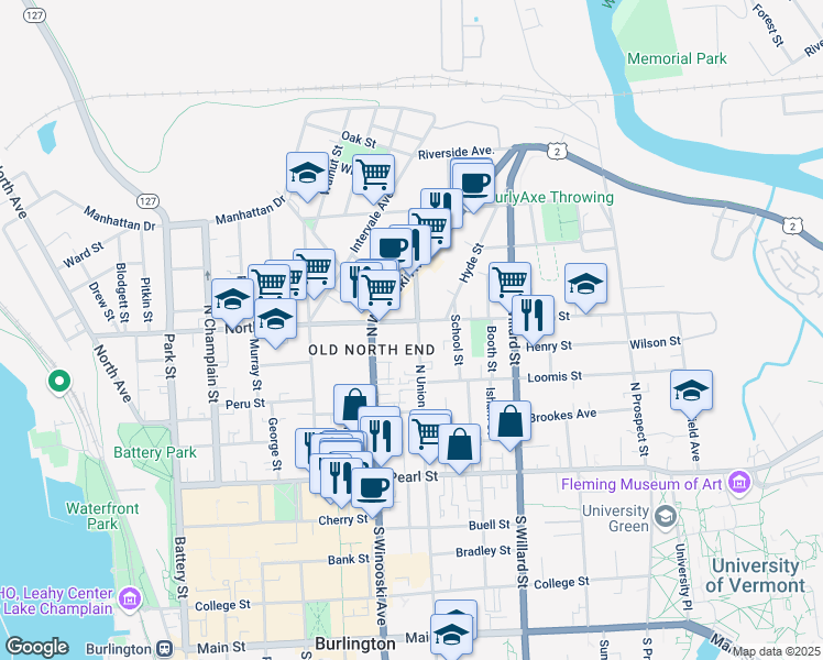 map of restaurants, bars, coffee shops, grocery stores, and more near 116 North Winooski Avenue in Burlington
