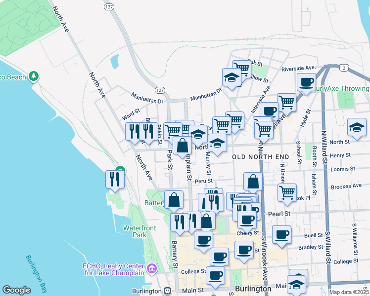 map of restaurants, bars, coffee shops, grocery stores, and more near 125 North Champlain Street in Burlington