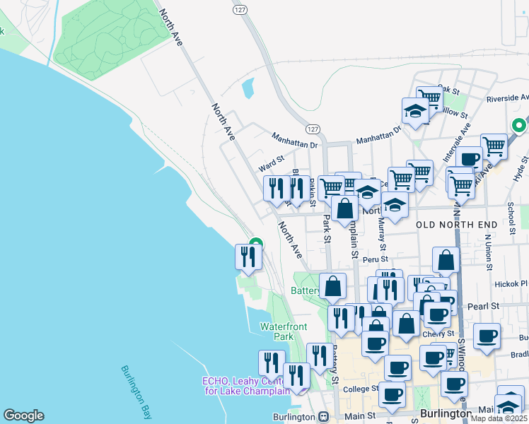 map of restaurants, bars, coffee shops, grocery stores, and more near 87 North Avenue in Burlington