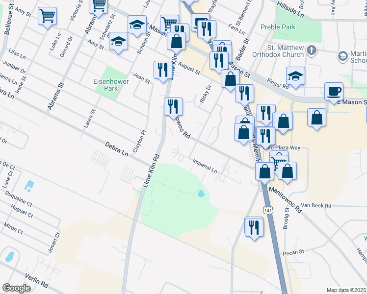 map of restaurants, bars, coffee shops, grocery stores, and more near 1077 Bader Street in Green Bay