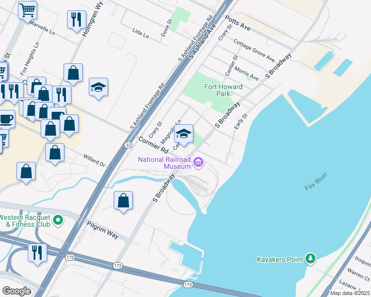 map of restaurants, bars, coffee shops, grocery stores, and more near 2285 South Broadway in Ashwaubenon