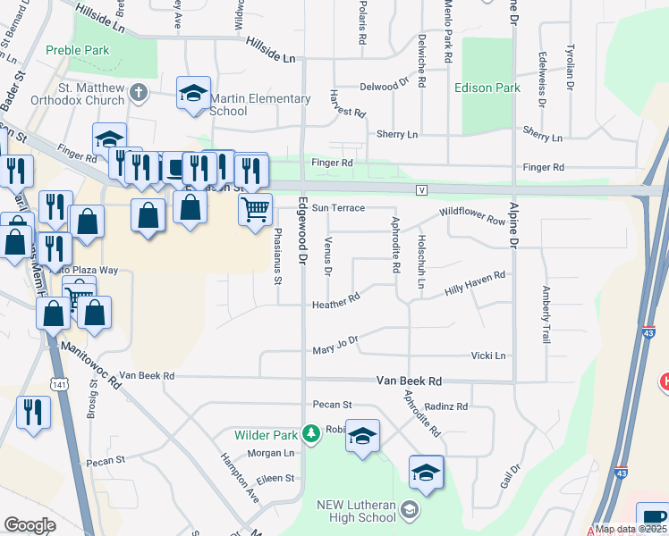 map of restaurants, bars, coffee shops, grocery stores, and more near 918 Venus Drive in Green Bay