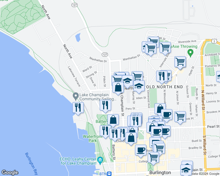 map of restaurants, bars, coffee shops, grocery stores, and more near 74 North Street in Burlington