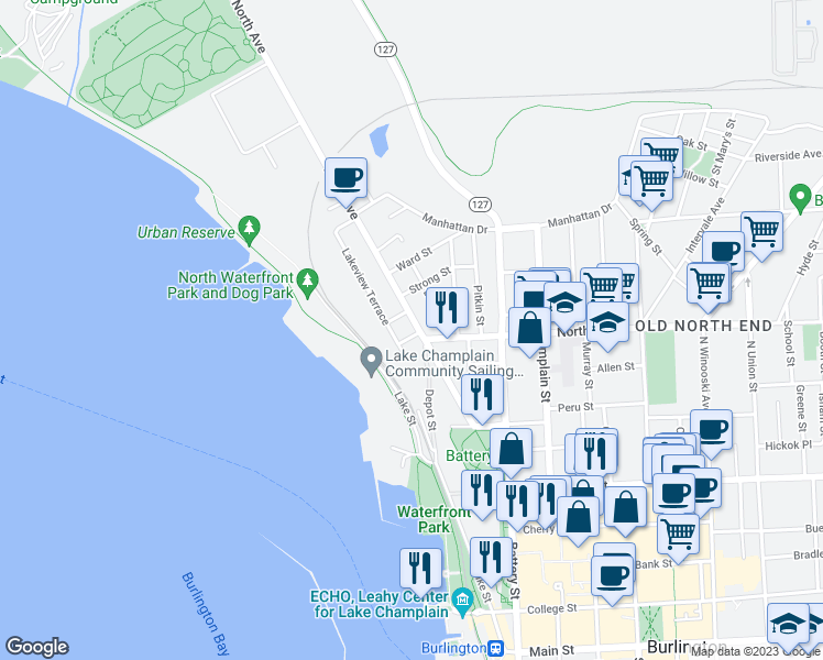 map of restaurants, bars, coffee shops, grocery stores, and more near 105 North Avenue in Burlington